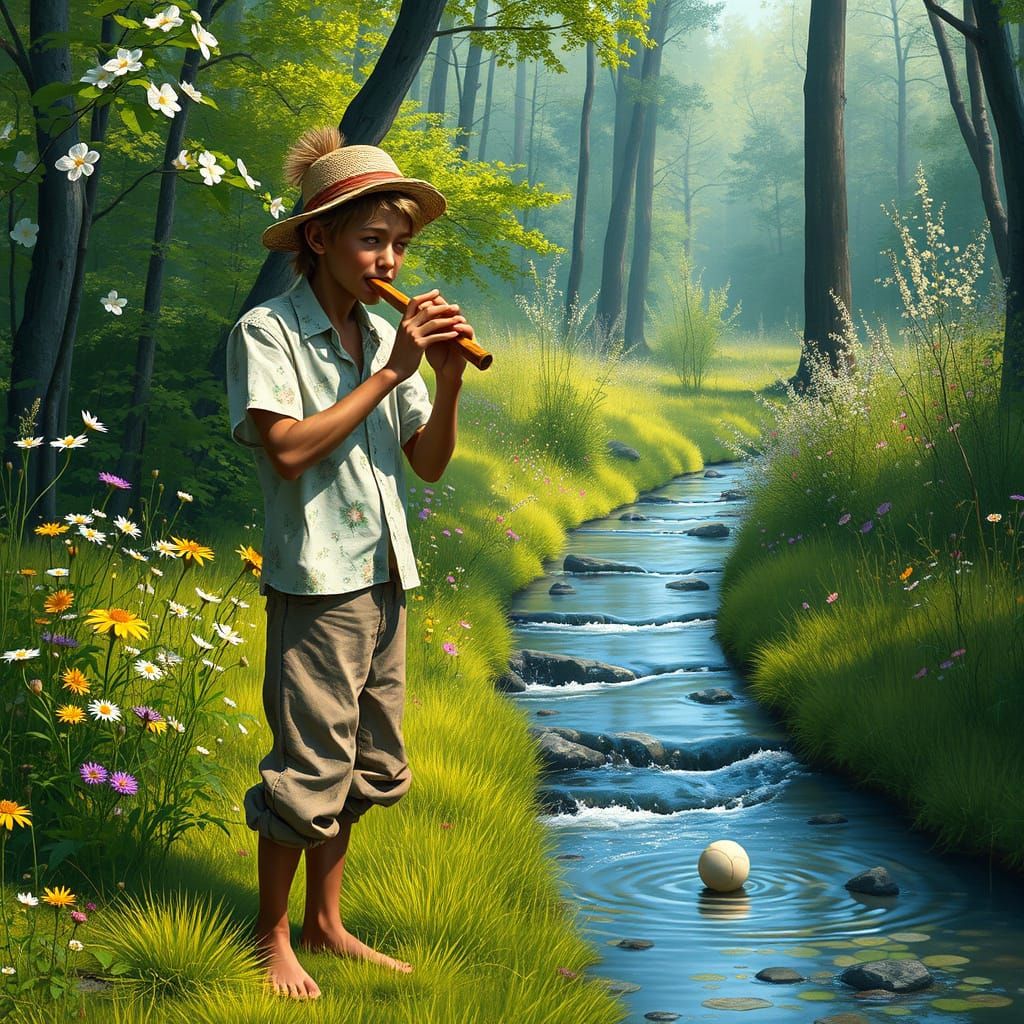 Pastoral Scene: Shepherd and Blooming Forest