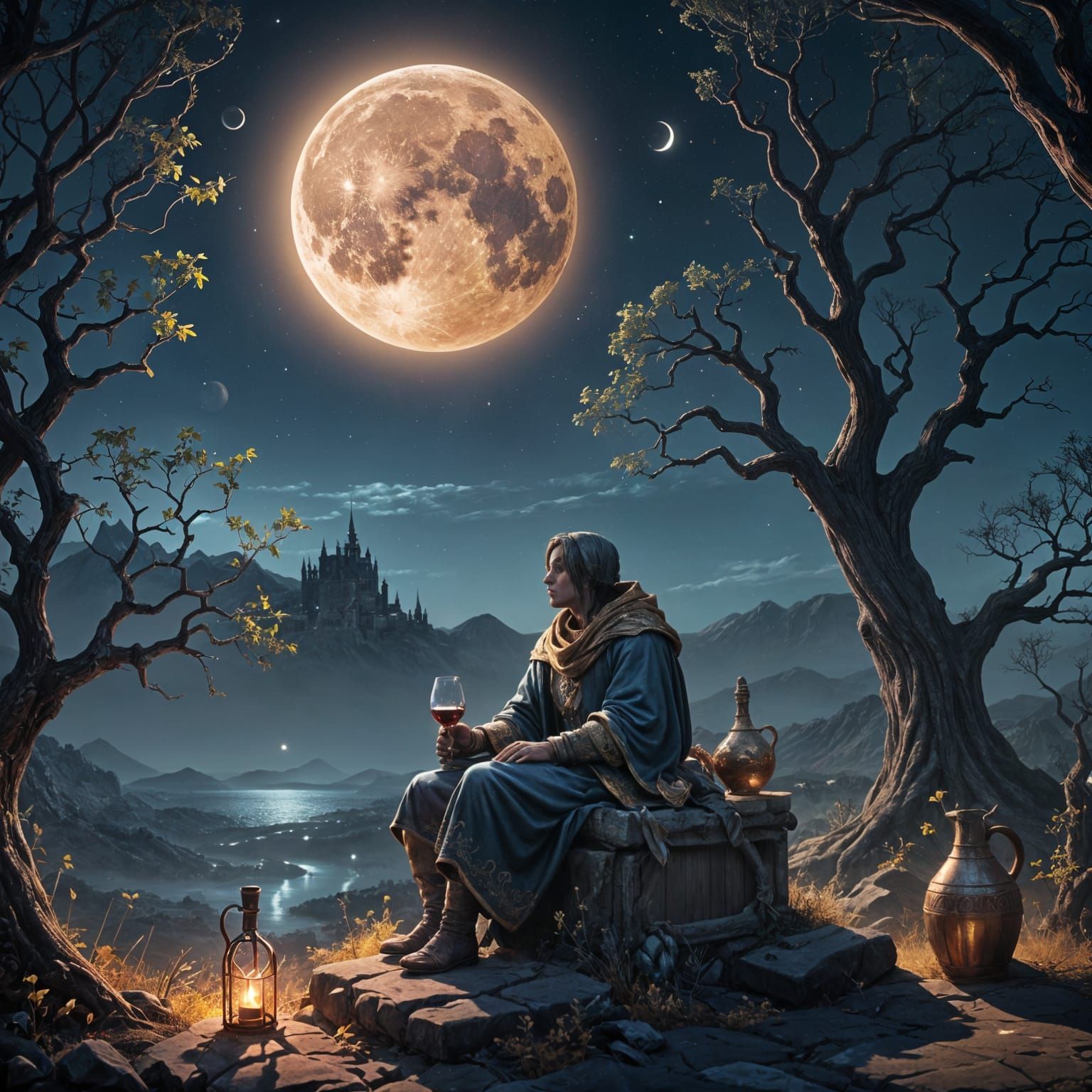 Moonlit Wine Drinker in Detailed Matte Painting