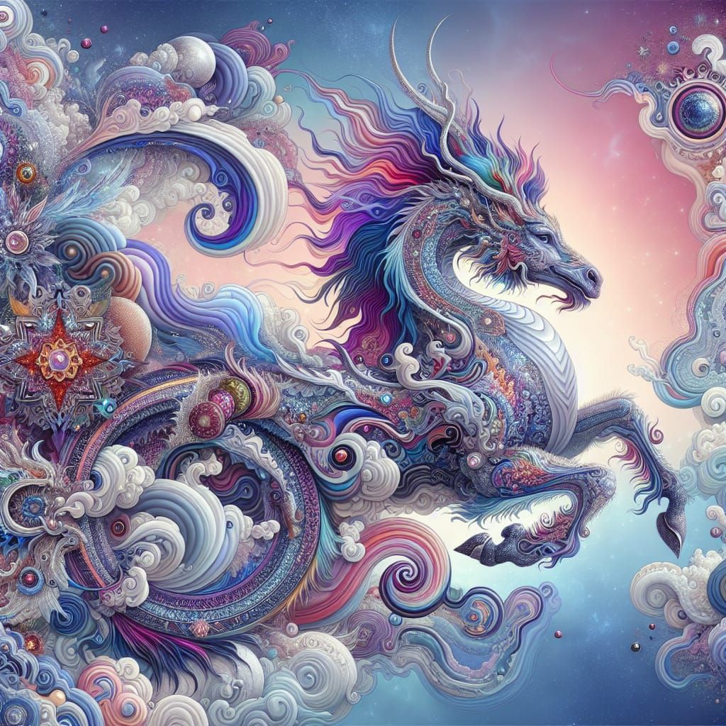 Psychedelic Dragon with Horse in Pastel Hues