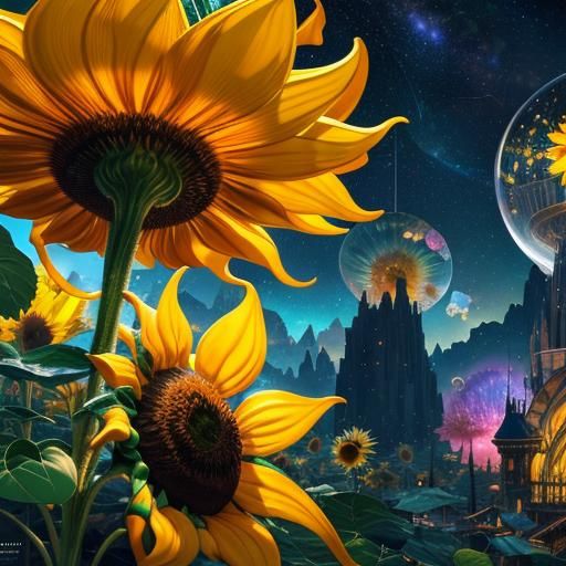 Stained Glass Sunflower on the Moon in Space