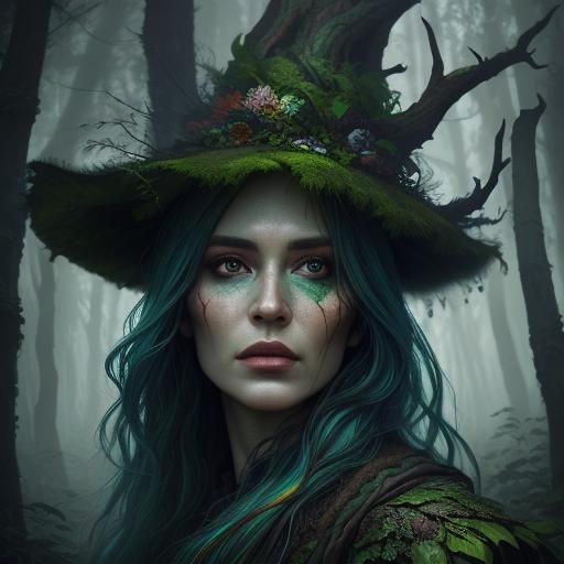 Intricately Detailed Forest Witch in Mist