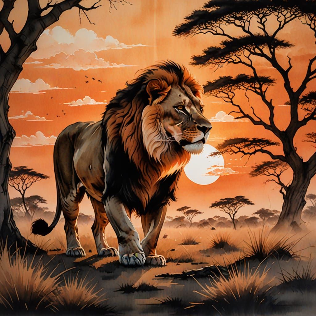 Majestic Lion Silhouettes in Sunset Glow