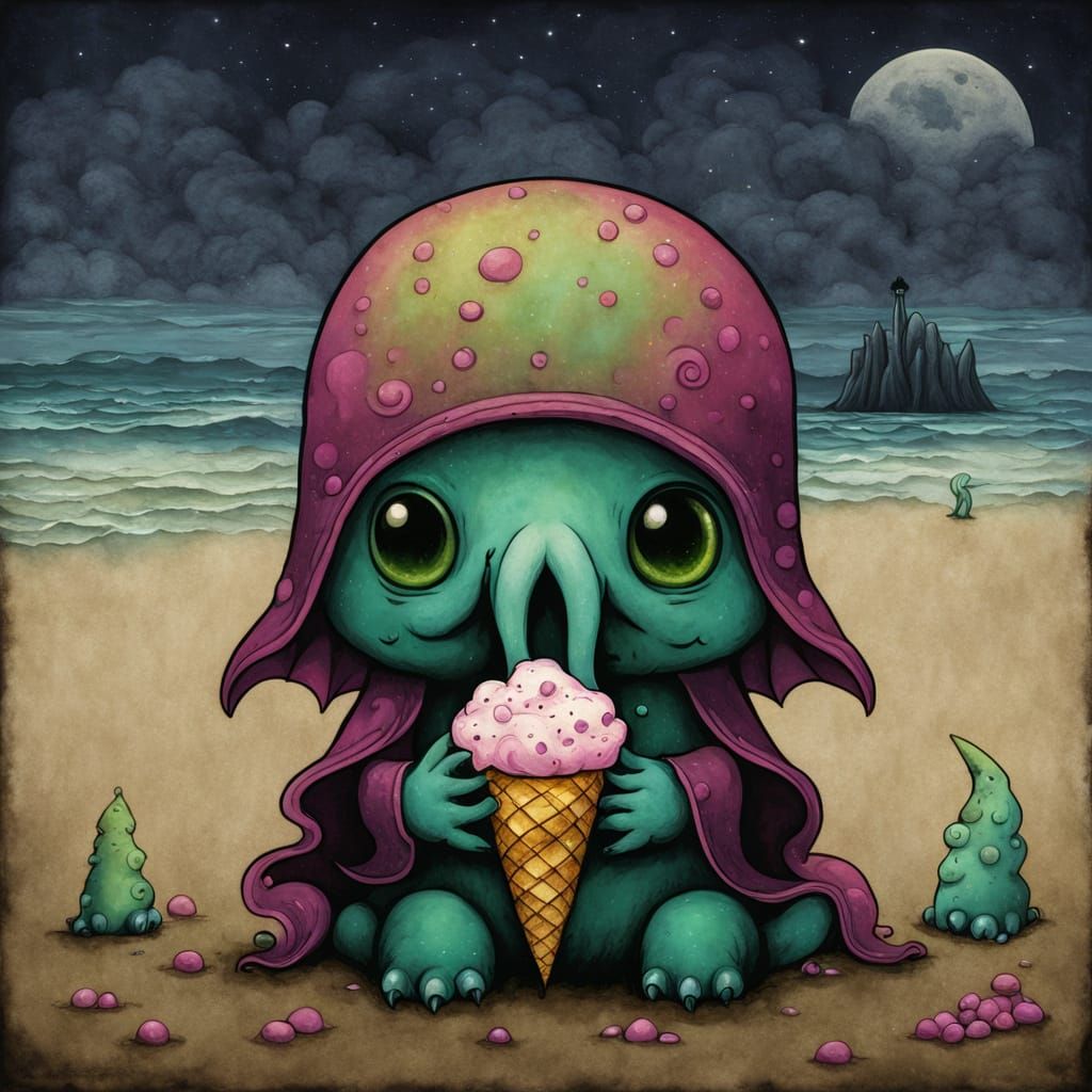Cute Cthulhu Savoring Ice Cream on a Haunted Beach