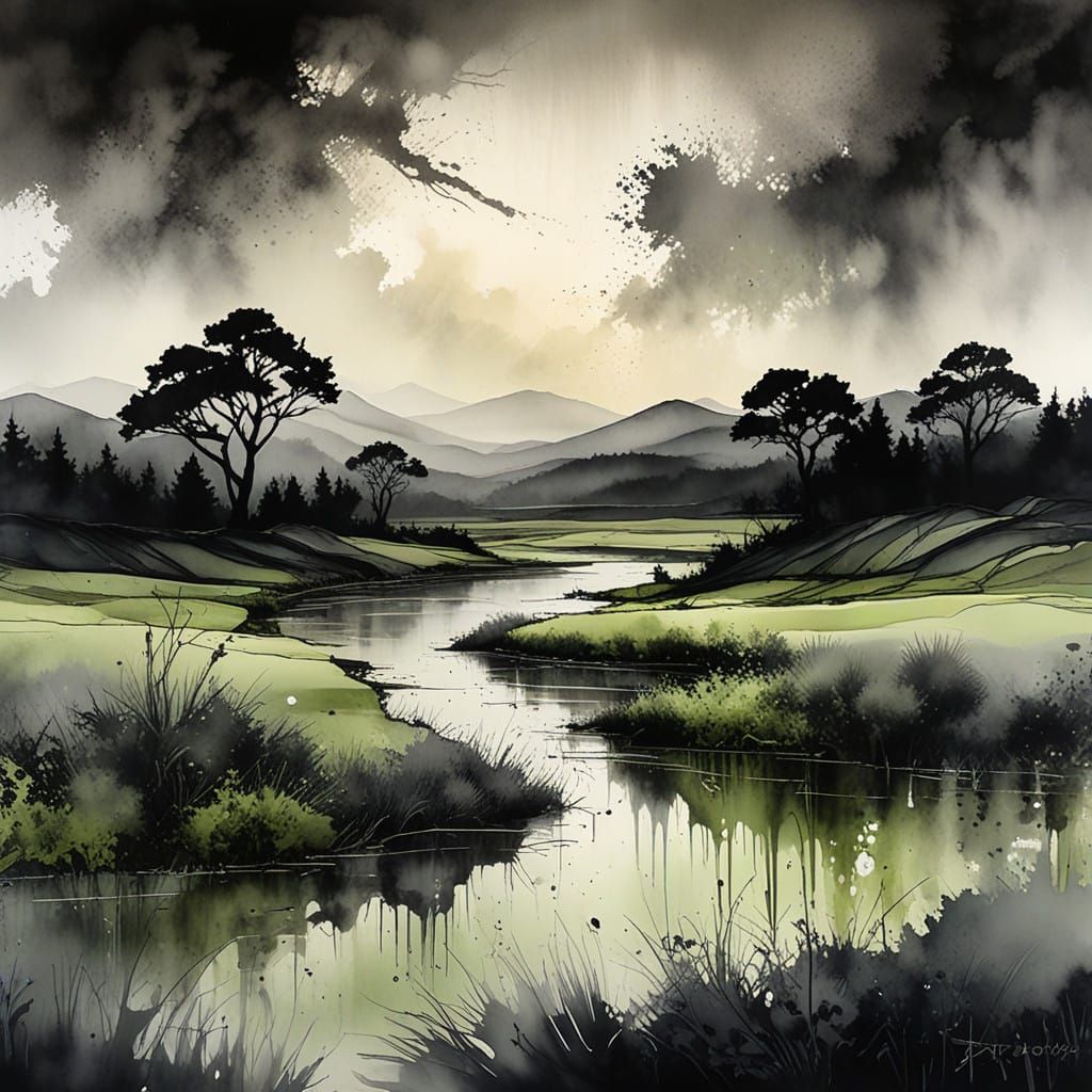 Misty, Forgotten Watercolor Landscape in Charcoal and Olive