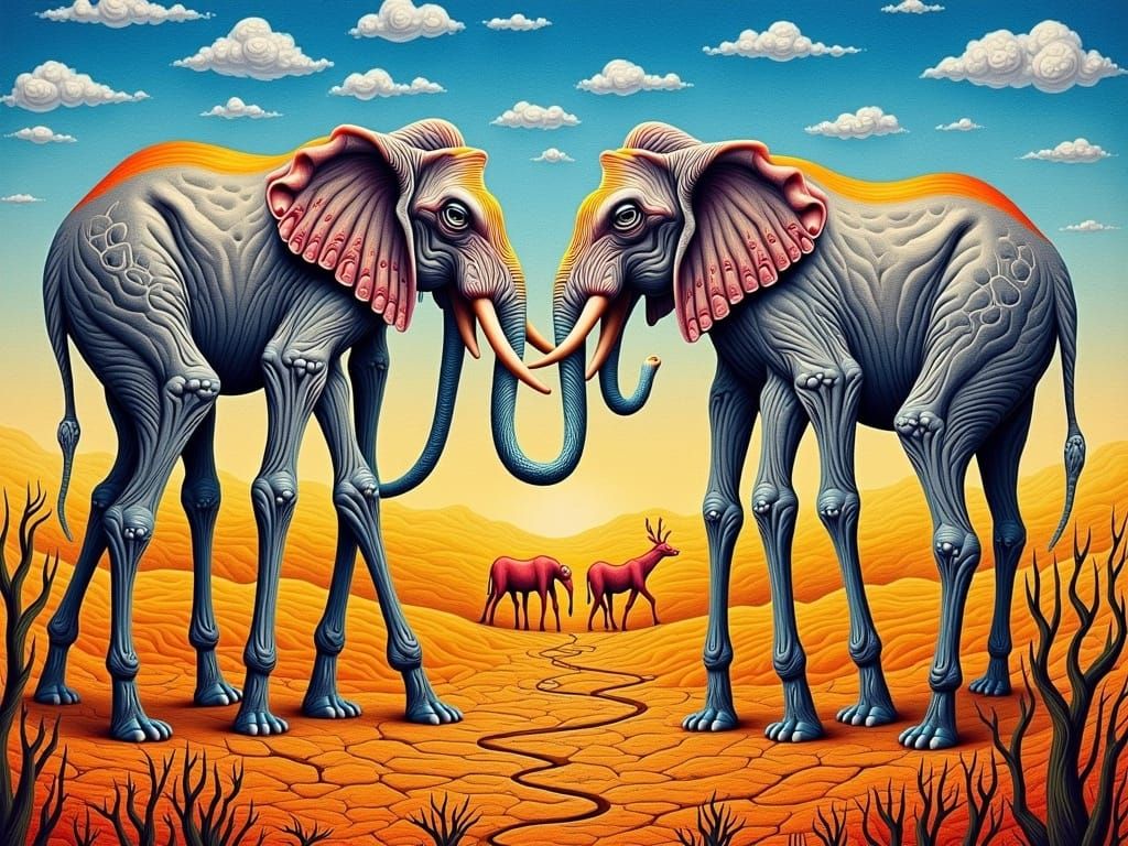 Surrealist Fingerpunk Elephants in Desert Landscape