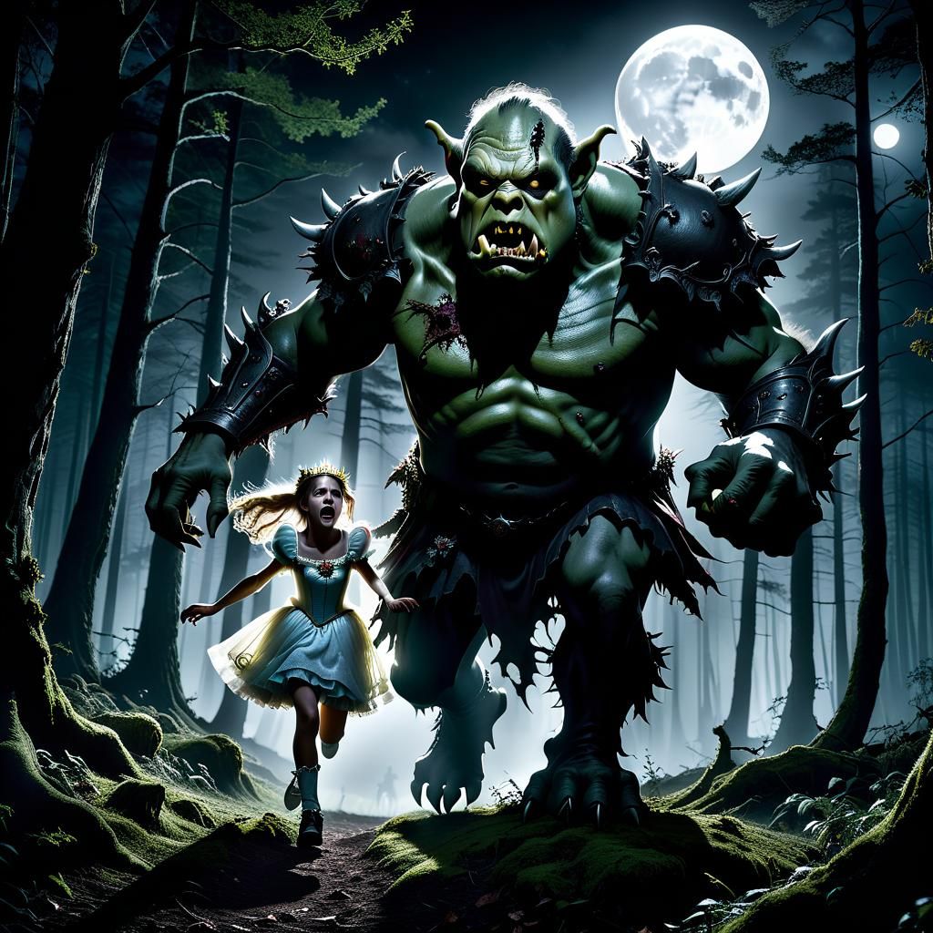 Zombie Ogre Chasing Princess in Dark Forest