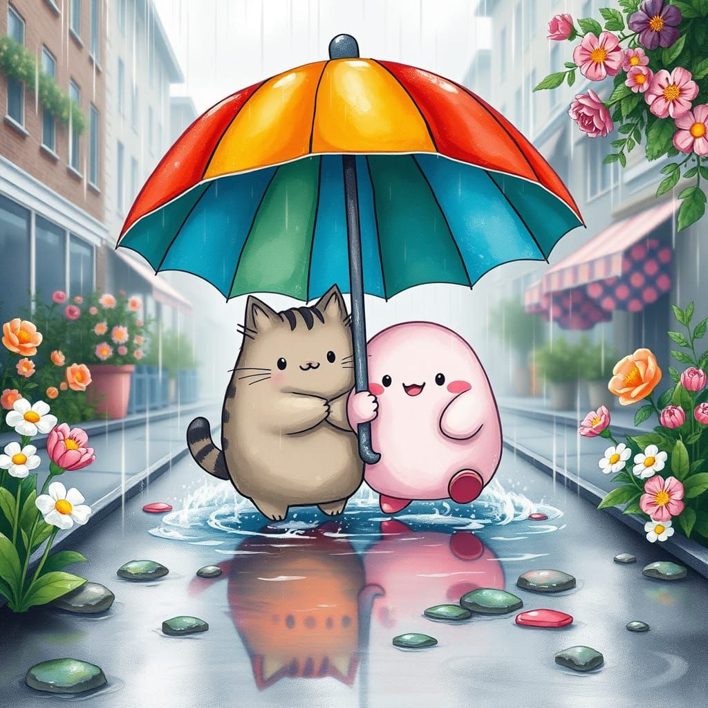 Pusheen and Kirby Under a Whimsical Umbrella
