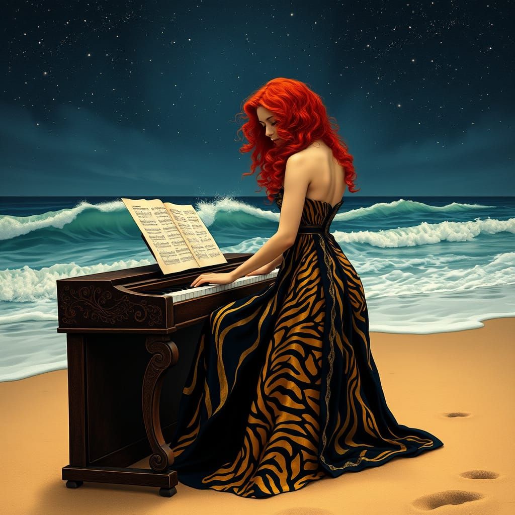 Woman Plays Piano on Beach Under Starry Sky