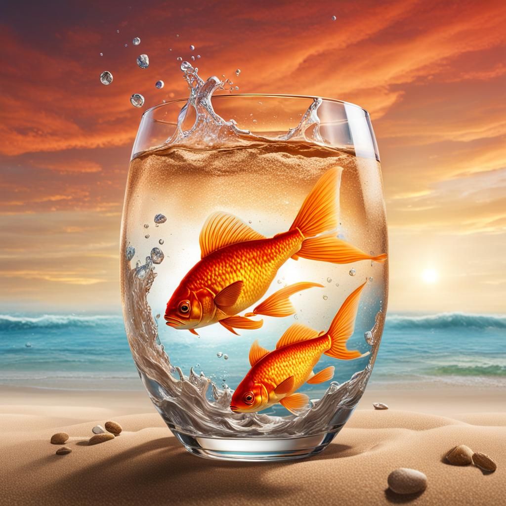 Hyperrealistic Golden Fish in Glass with Splash Art