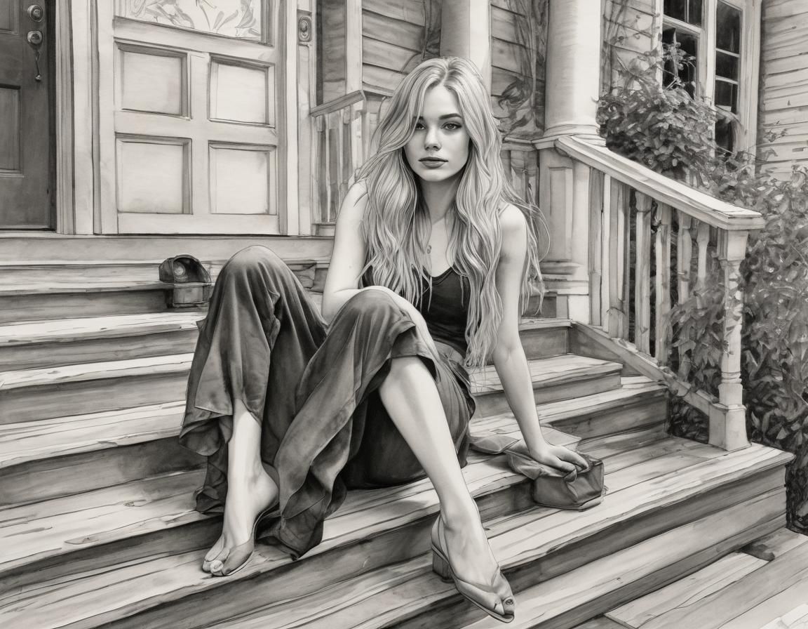 ink drawing - blonde girl sits on the front porch steps