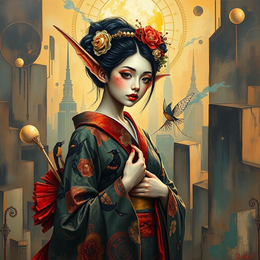 Geisha Fairy Elf in Kimono with Impasto Palette Knife