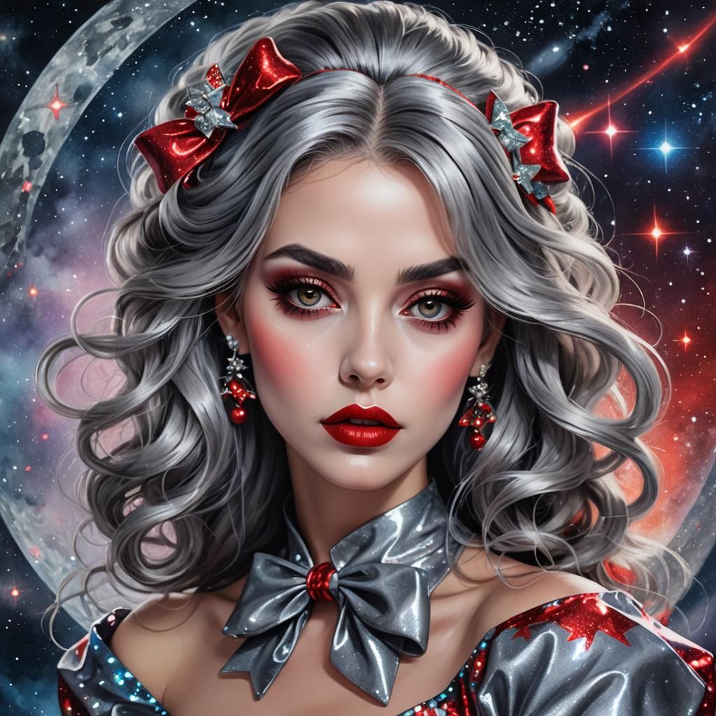 Cosmic Portrait of Woman with Grey Hair, Astral Illustration