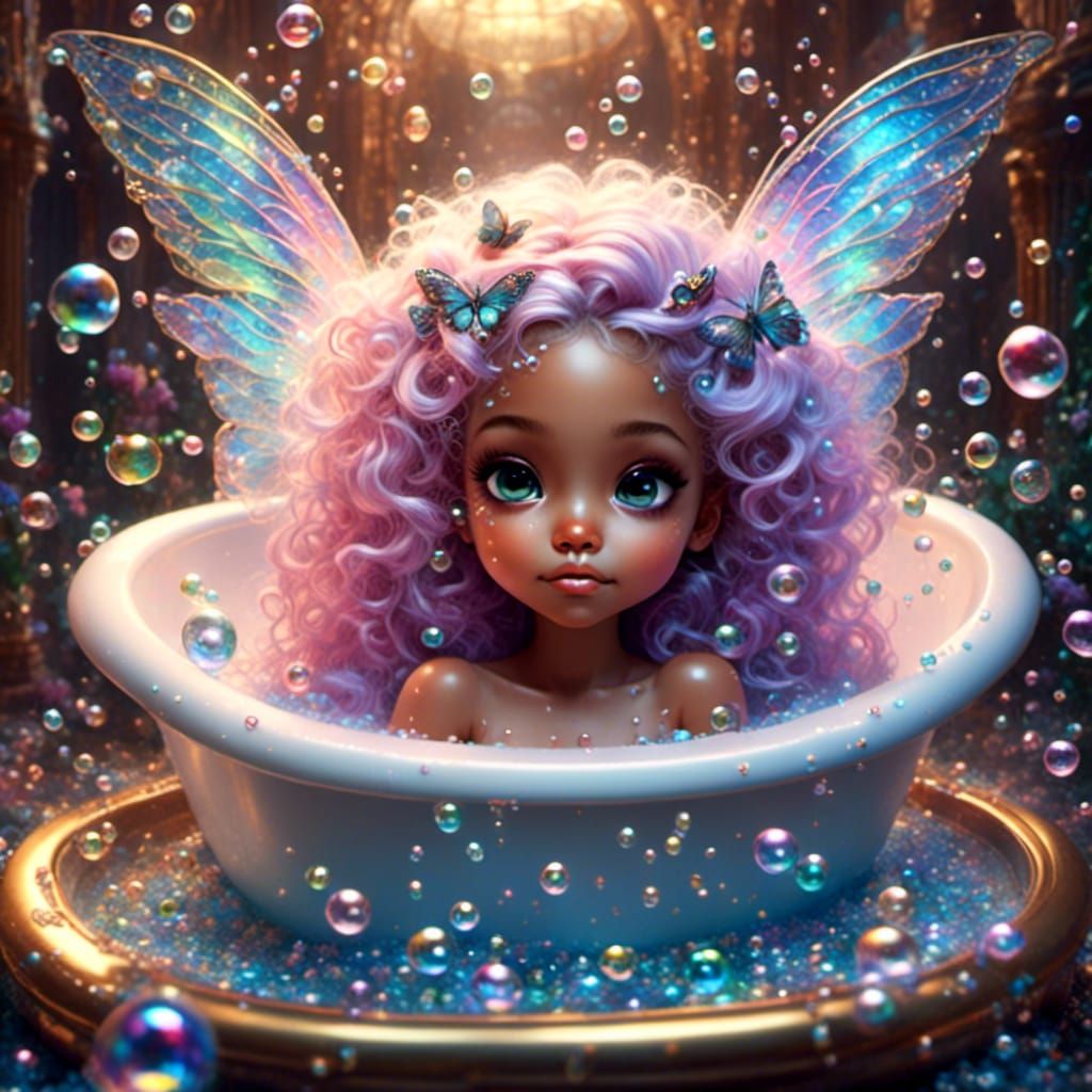 Chibi Fairy in Bubble Bath, Whimsical Fantasy