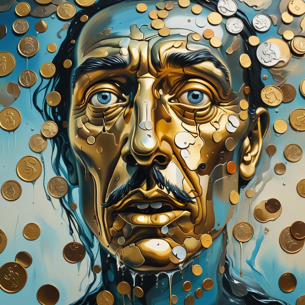 Sad Coin Face in Surrealist Salvador Dali Style