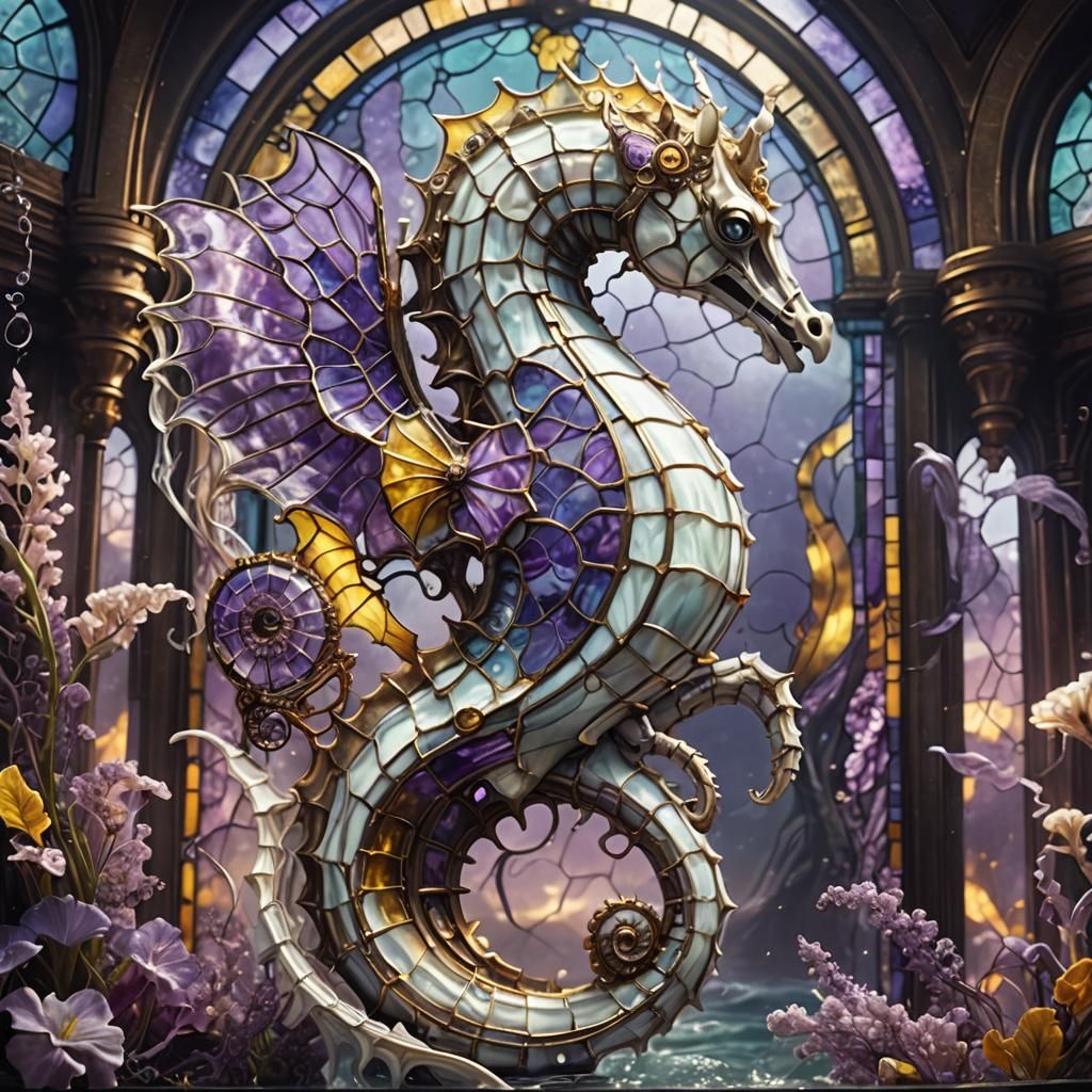 Biomechanical Seahorse with Stained Glass Wings