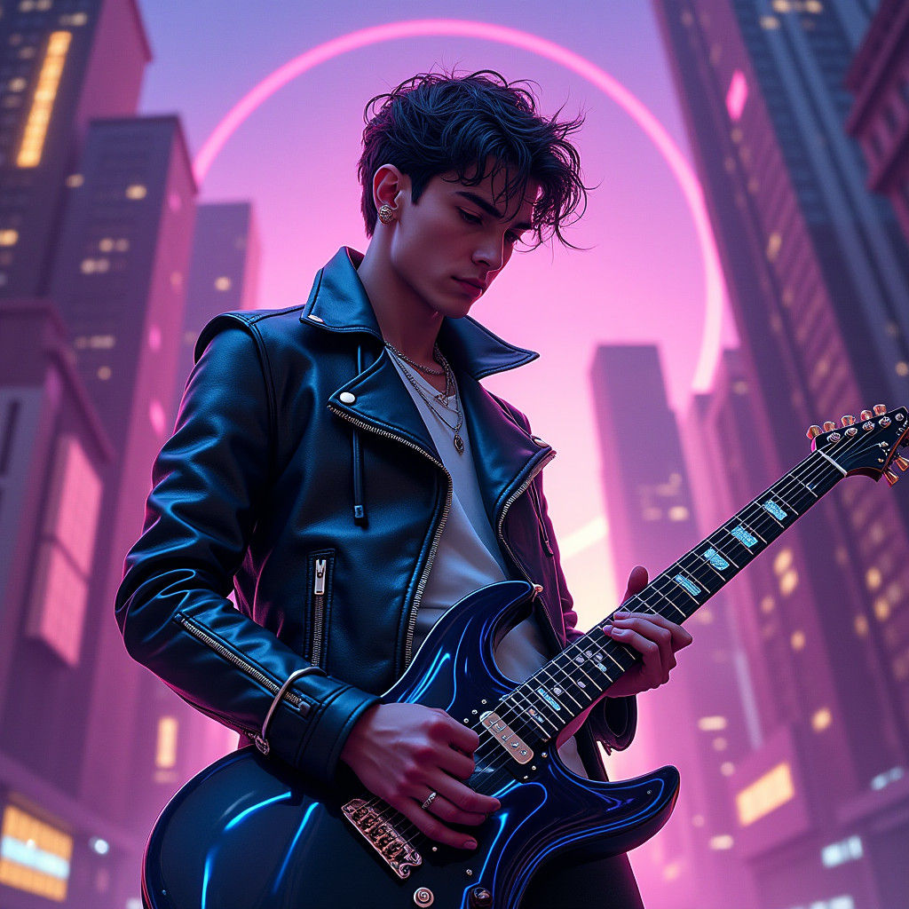 Synthwave Musician in Neon Cityscape