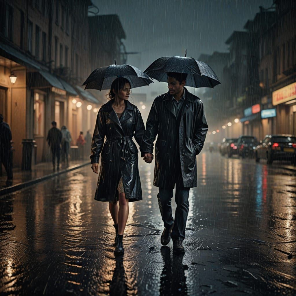 Couple Walks Hand in Hand in Moody Rainy Night