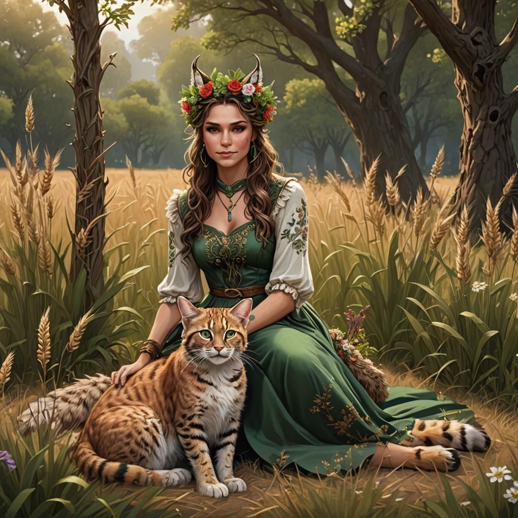 Half-Dryad with Bobcat in Fantasy Landscape