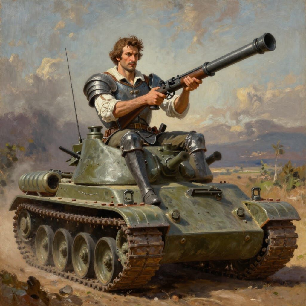 Don Quixote with Bazooka on Tank, Oil Painting Style