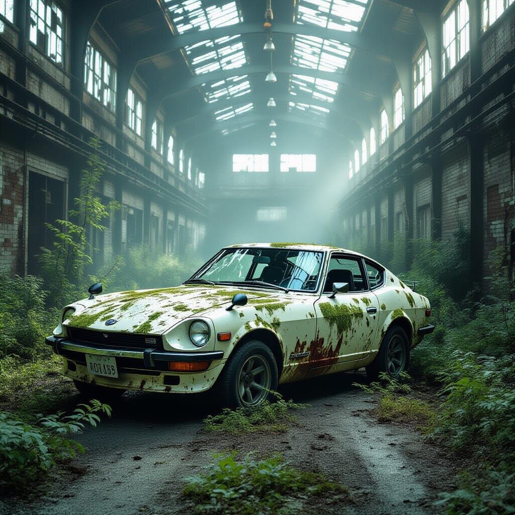 Moss-Covered Datsun 240Z on Overgrown Road
