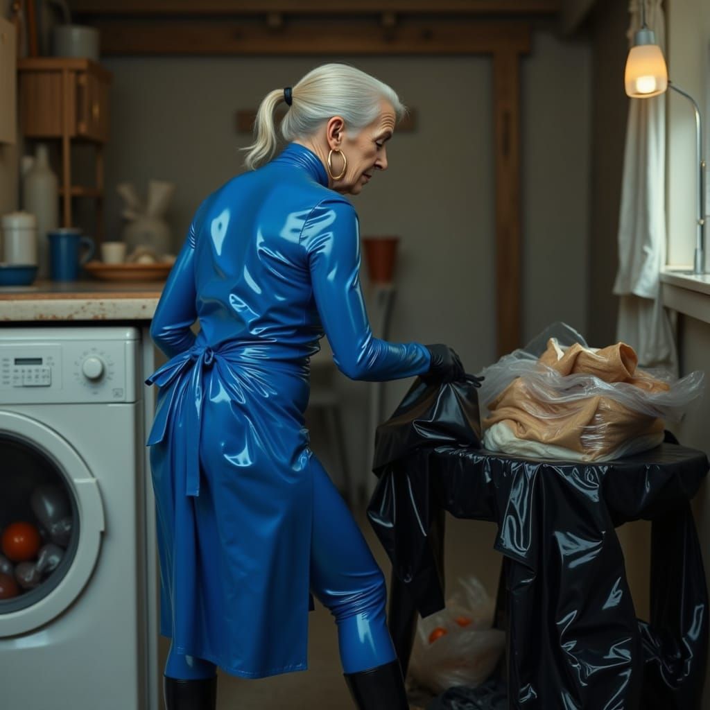 Elderly Woman in Royal Blue Latex Folds Laundry