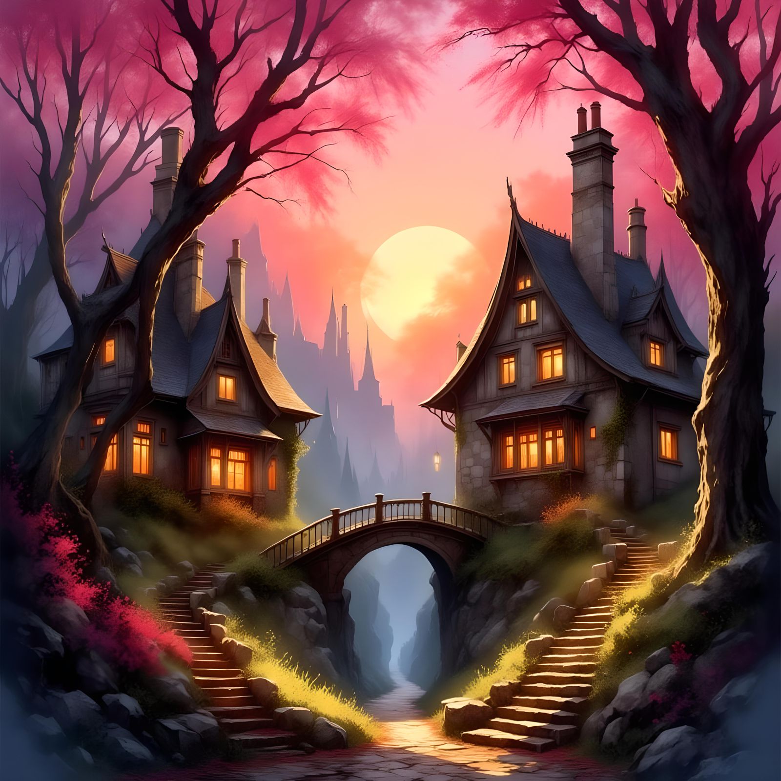 Mystical Medieval Village in Fantasy Landscape