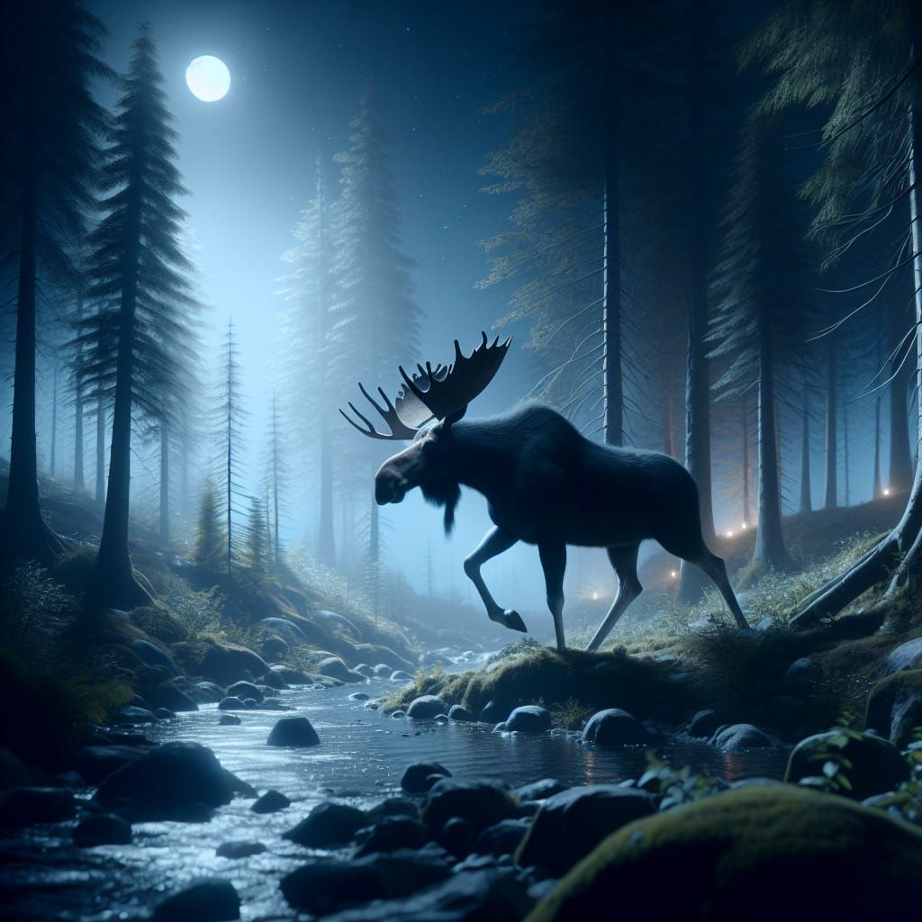 Moose in Dark Forest: Digital Concept Art