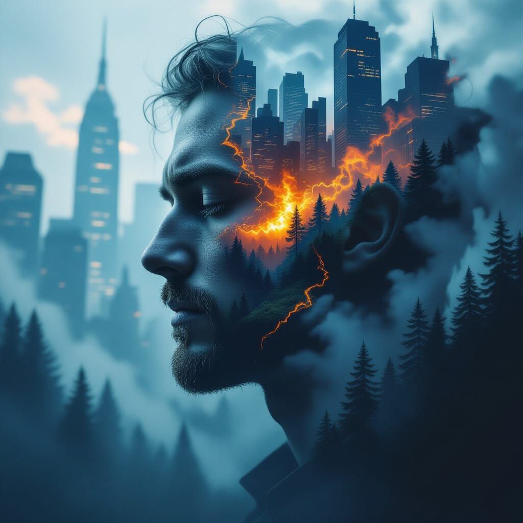 Surreal Double Exposure Portrait with Skyscrapers and Forest...