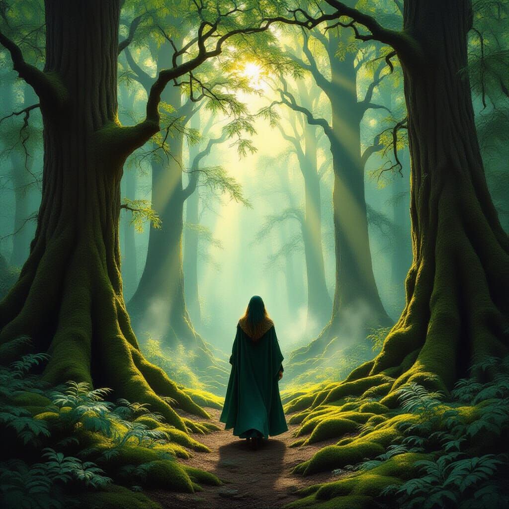 Solitary Woman in Sun-Dappled Ancient Forest