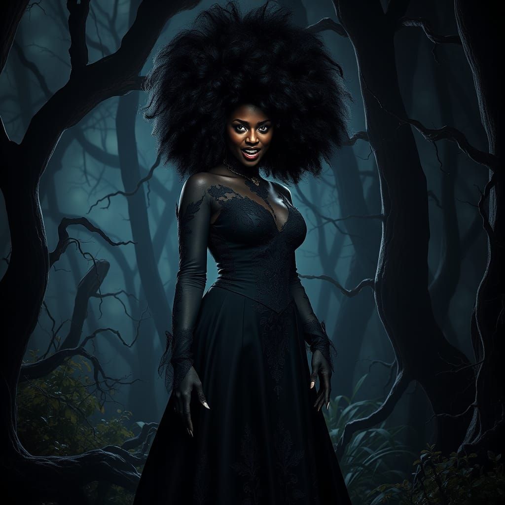 Regal Vampire Woman Reveals Fearsome Fangs in Mystical Fores...