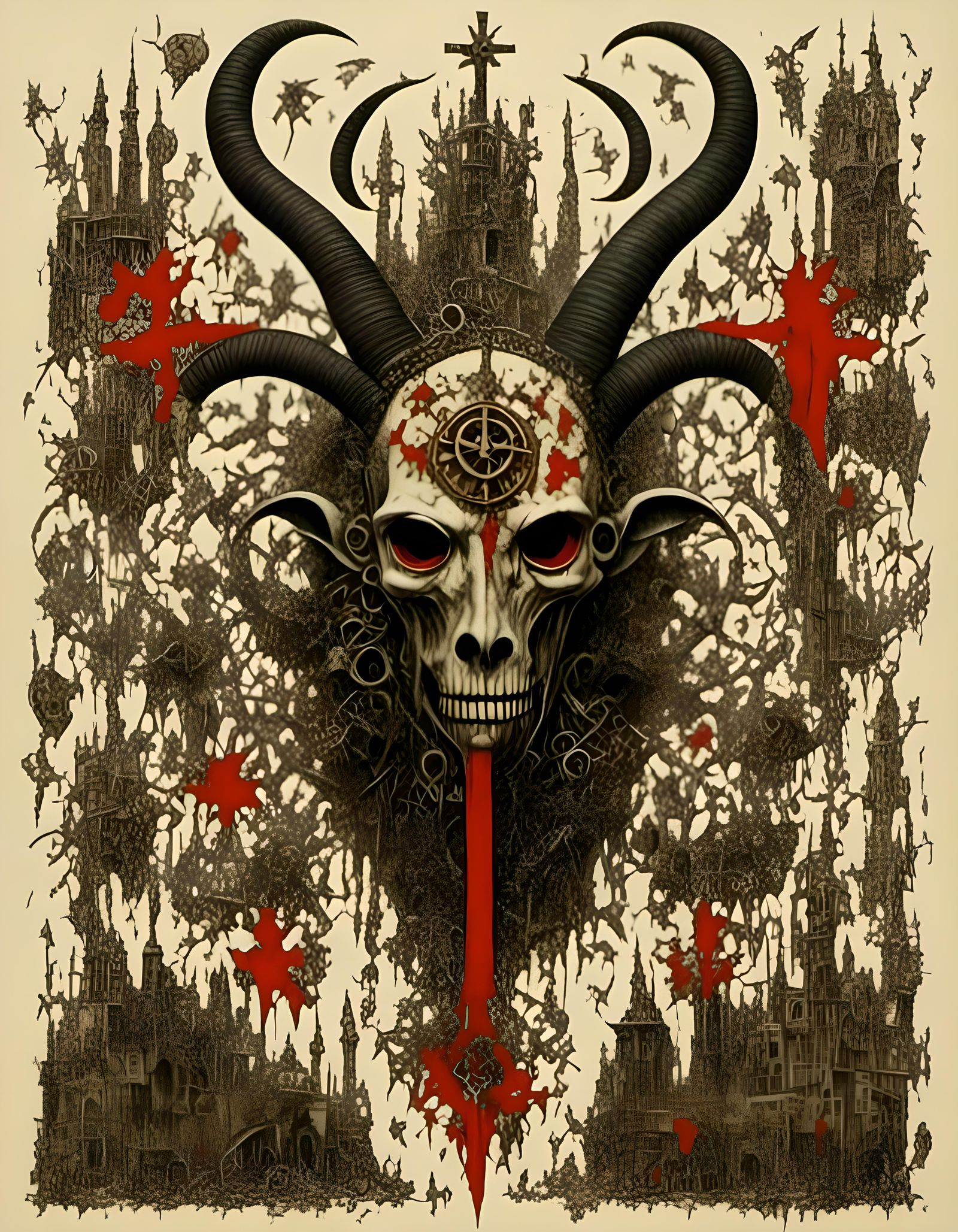 Demonic Baphomet with Inverted Pentagram, HR Giger Style