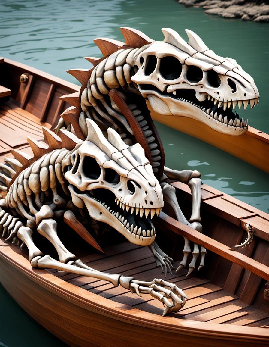 Two-Headed Dinosaur Skeleton on a Boat