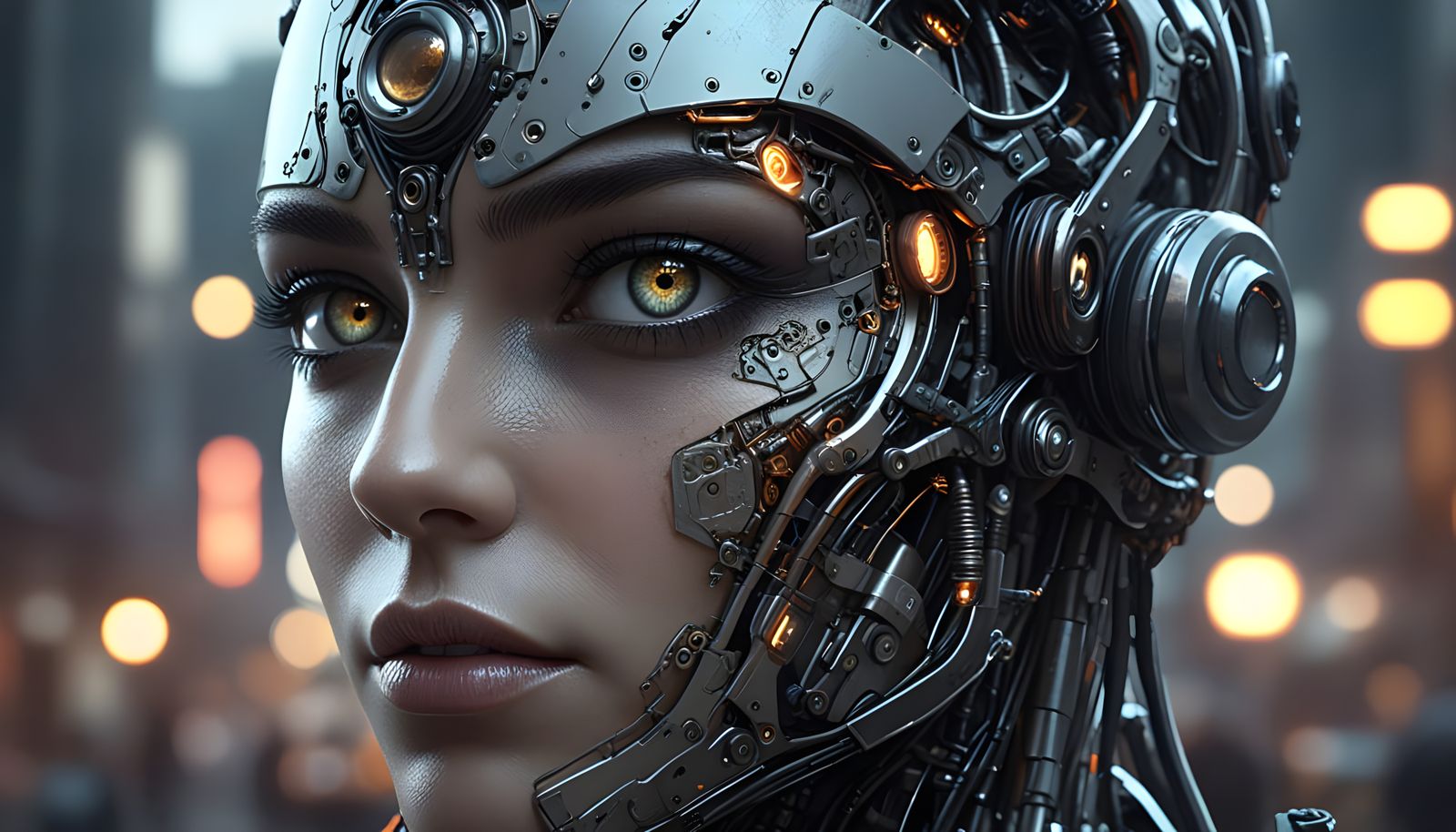 Detailed Cybernetic Portrait in Dystopian City