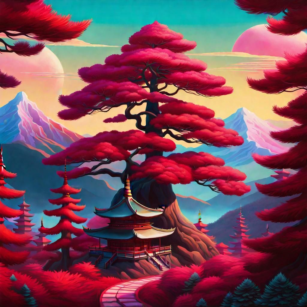 Psychedelic Pine Tree Sunset Painting