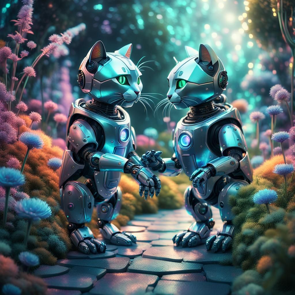 Whimsical Futuristic Garden Robot Cats in Splendid Details