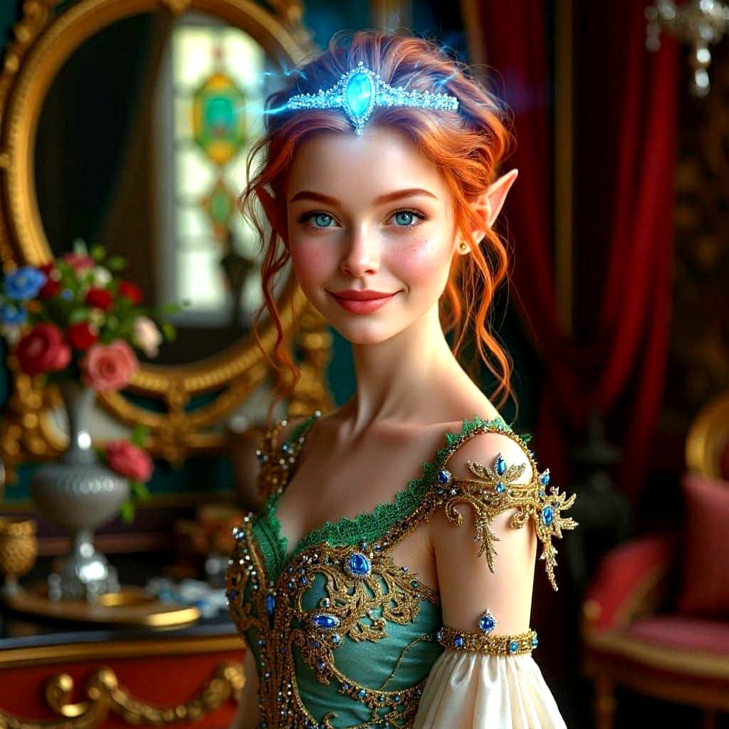 Elven Lady with Sapphire Diadem in Photorealistic Style
