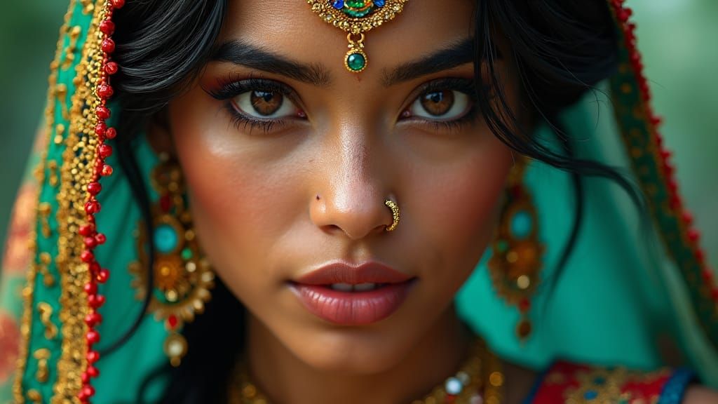 Stunning Indian Goddess in Futuristic Attire with Iridescent...