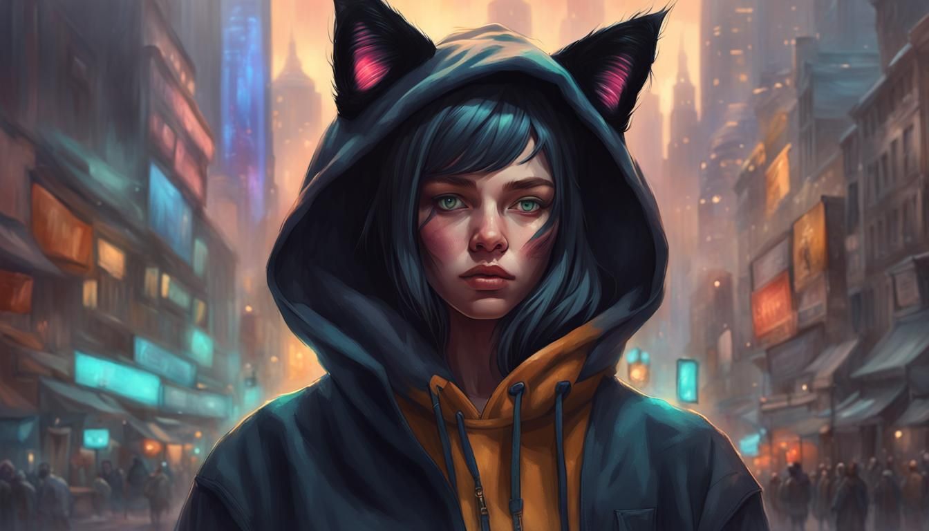Girl with Cat Features in Detailed Digital Portrait