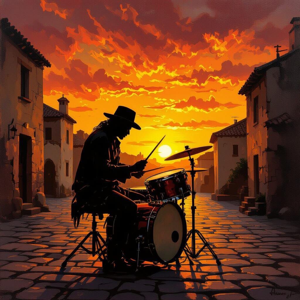 Drummer Silhouetted Against Fiery Sunset in Oil Painting Sty...
