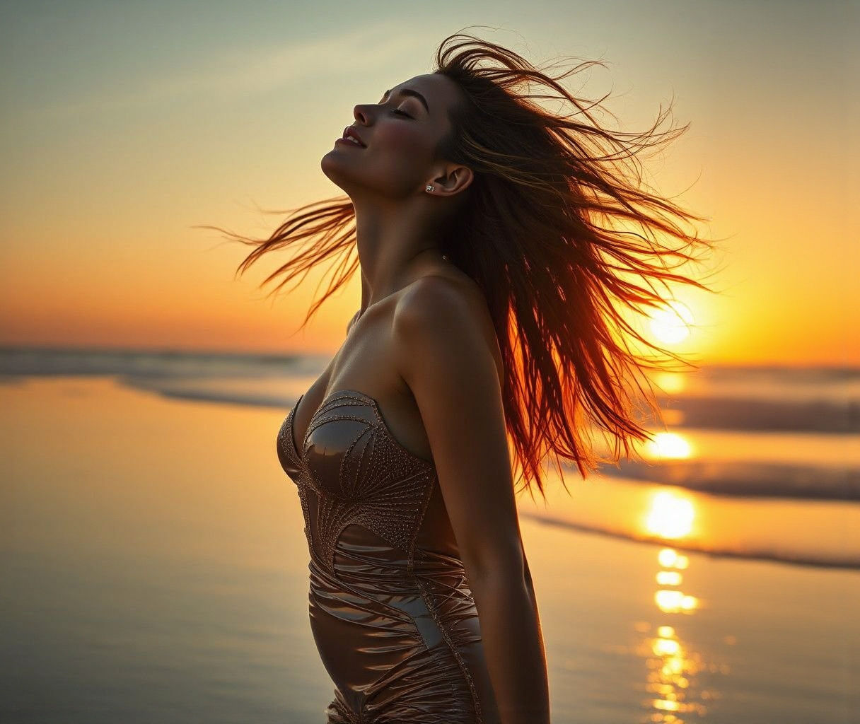 Woman in Shiny PVC Dress on Beach in Hyperrealistic Style