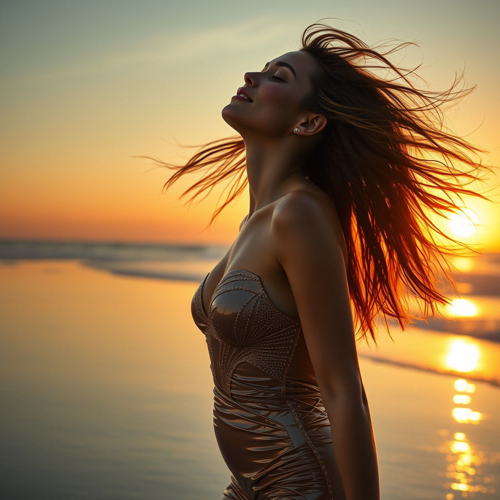 Radiant Woman on Beach in Futuristic Style