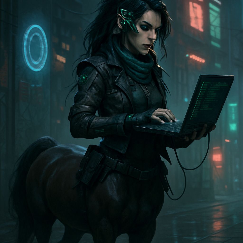 Shadowrun Female Centaur Decker in Cyberpunk Style