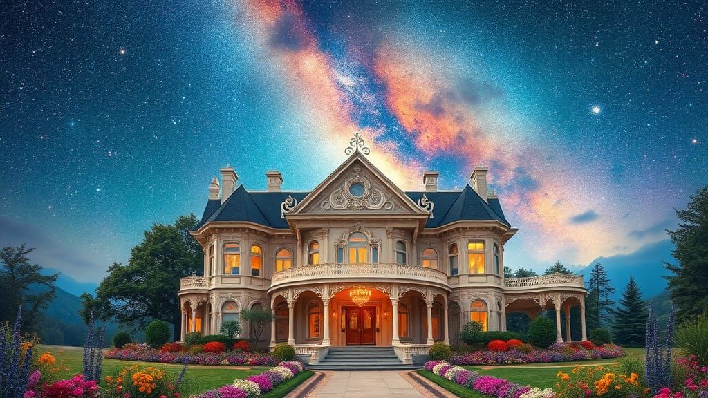 Victorian Mansion Amidst Cosmic Dreamscape in Impasto Style