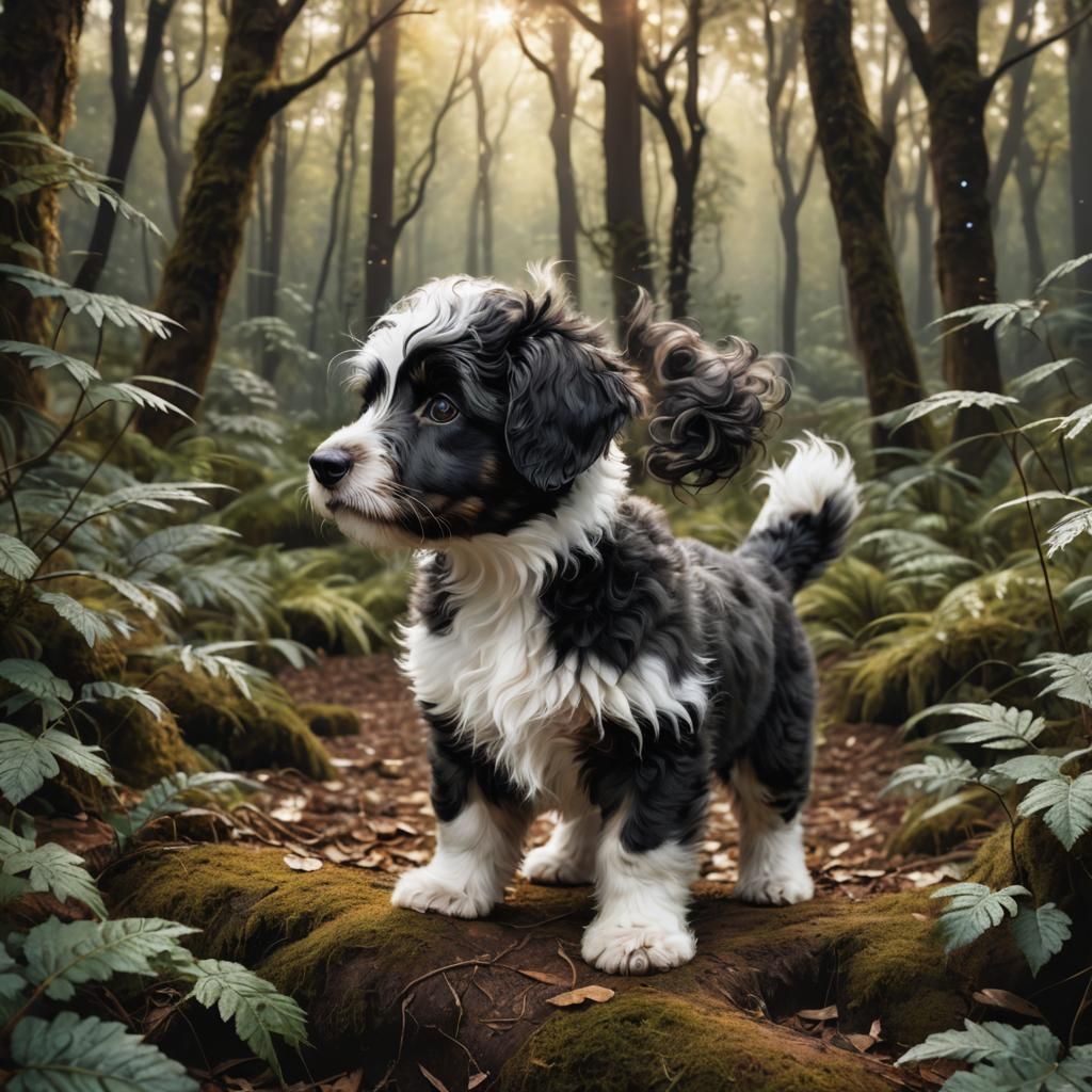 Aussiedoodle Puppy in Fantasy Forest, Digital Painting