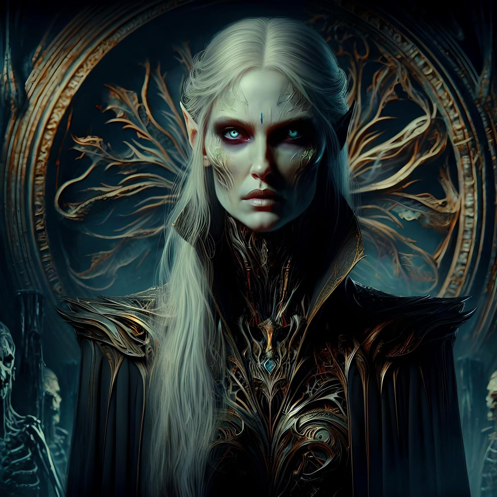 Sinister Female Elf Portrait in Hyperrealistic Style