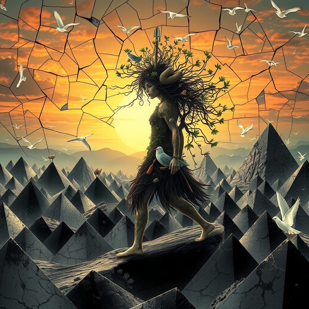 Surreal Woman Walks on Pyramid Landscape