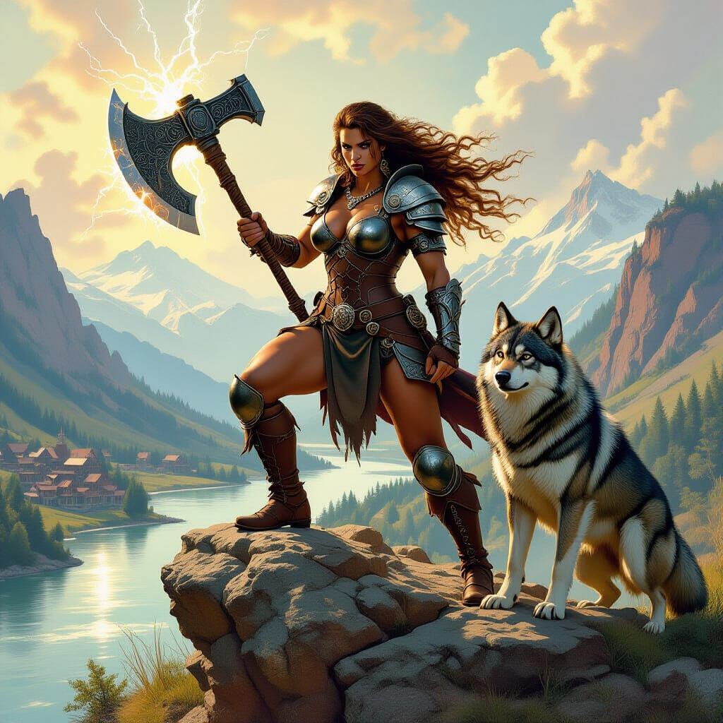 Triumphant Barbarian Woman Overlooking Conquered Lands