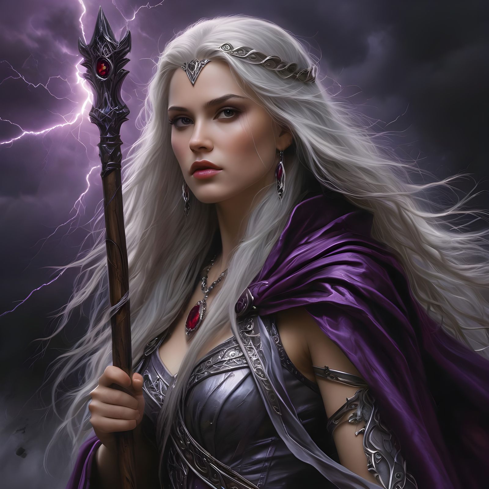 Ethereal Norse Goddess with Silver Hair in a Thunderous Spel...