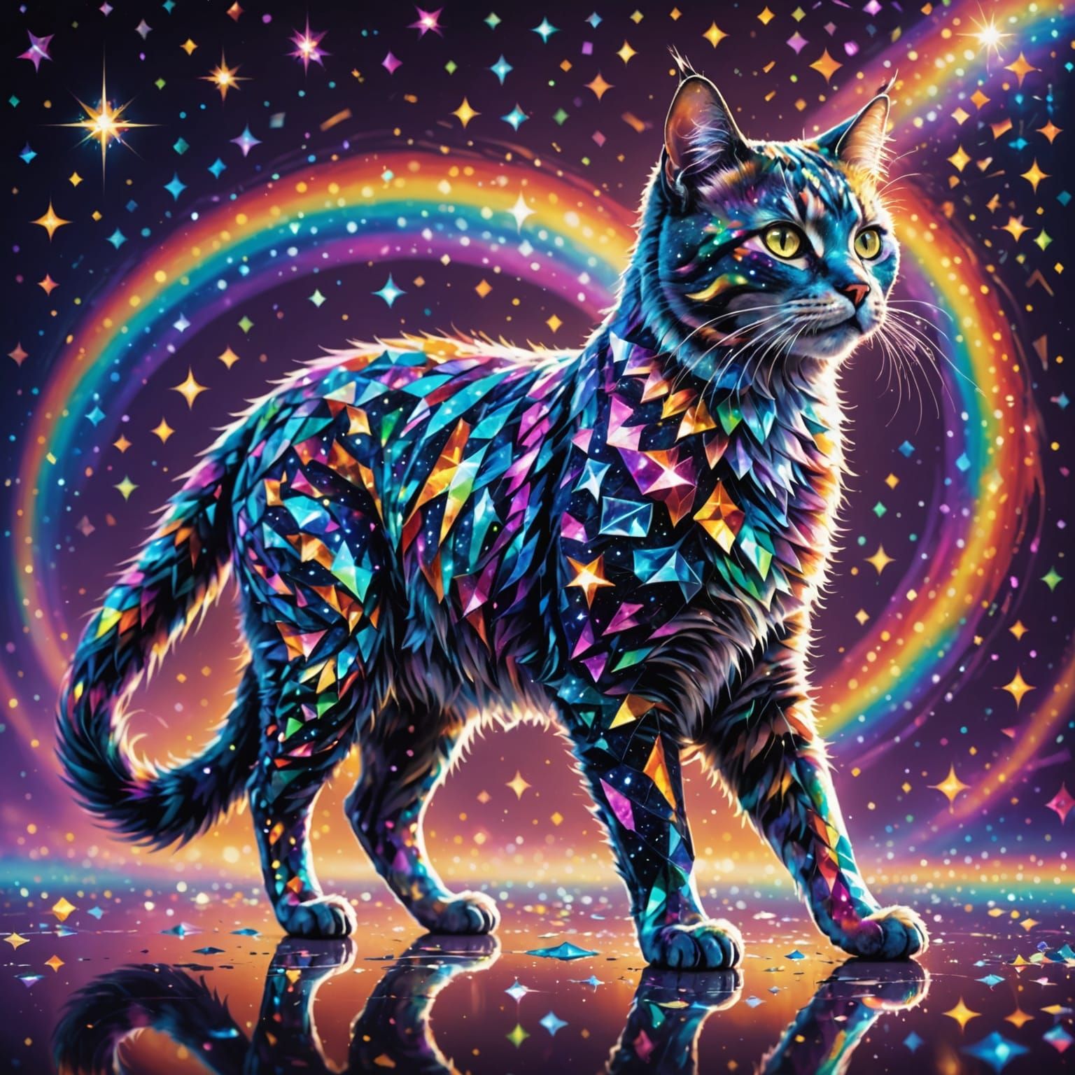 Majestic Diamond Cat in Holographic World