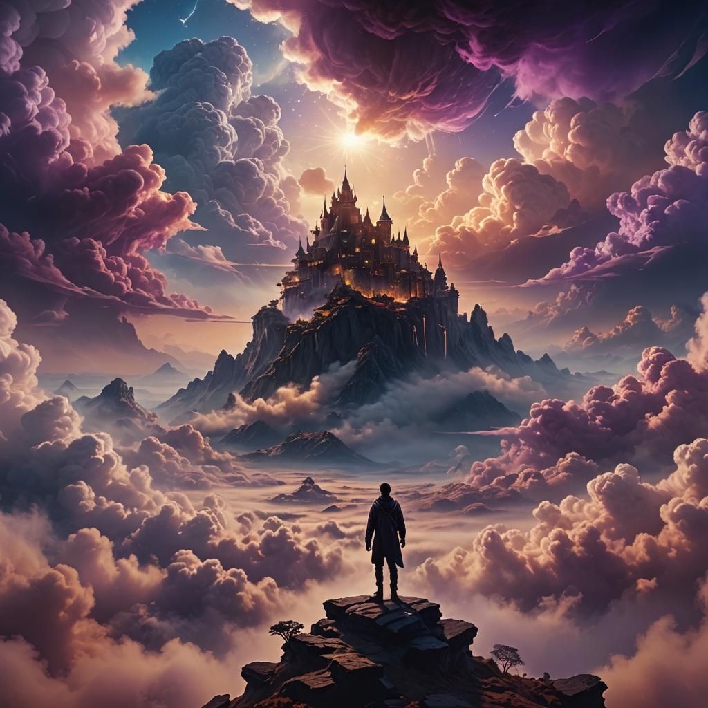 Dream Sculptor in Surreal Cloudscape: Digital Matte Painting